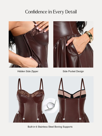 Shapewear Faux Leather Lace Panel Corset A-Line Midi Dress