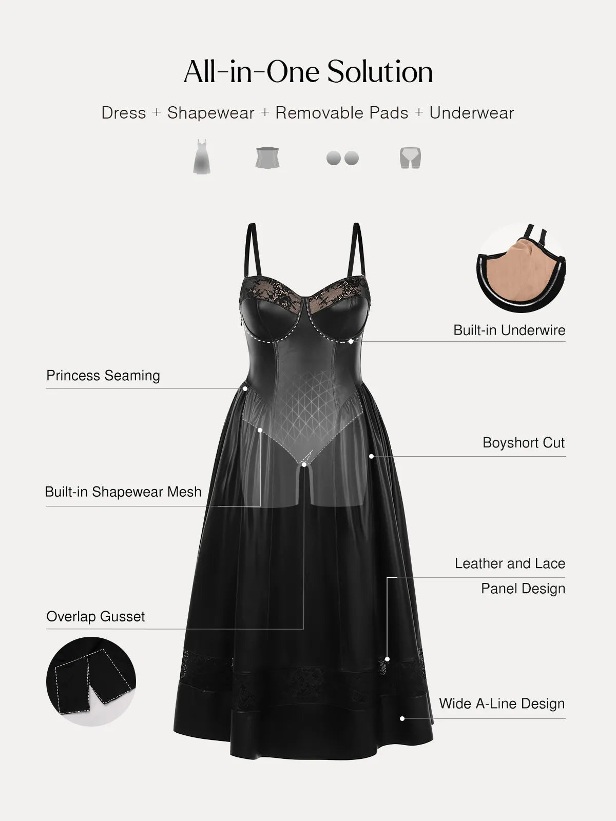 Shapewear Faux Leather Lace Panel Corset A-Line Midi Dress