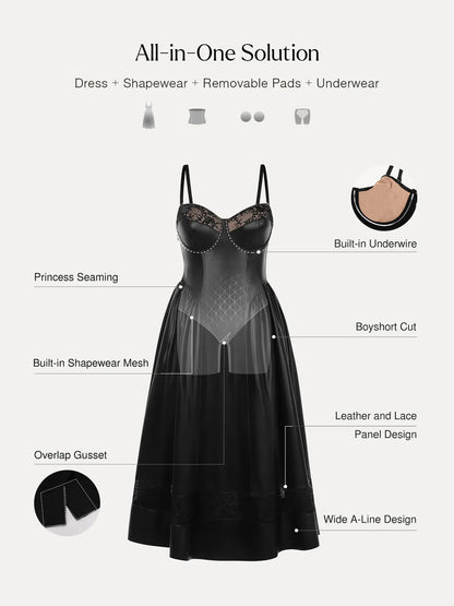 Shapewear Faux Leather Lace Panel Corset A-Line Midi Dress