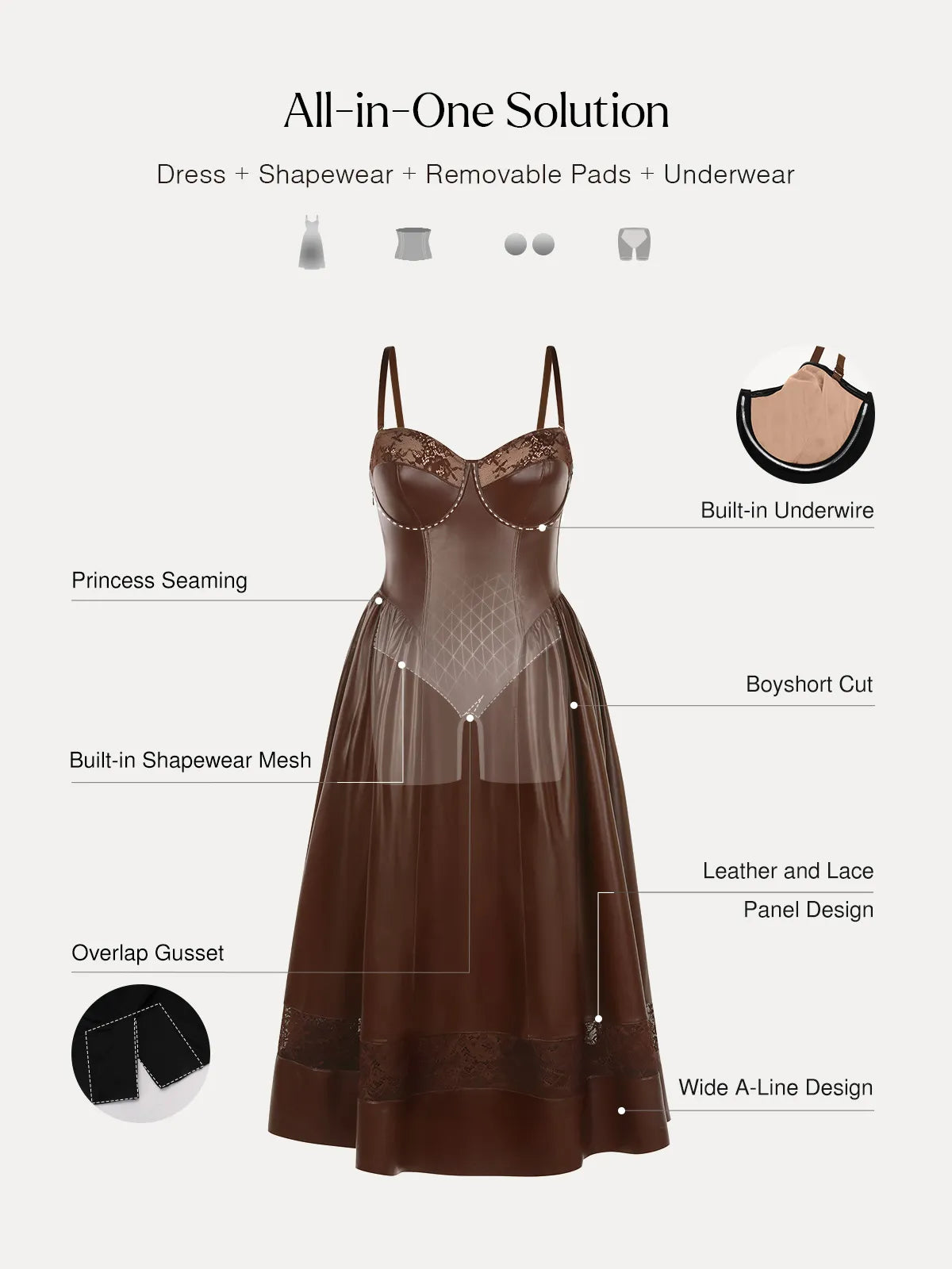 Shapewear Faux Leather Lace Panel Corset A-Line Midi Dress