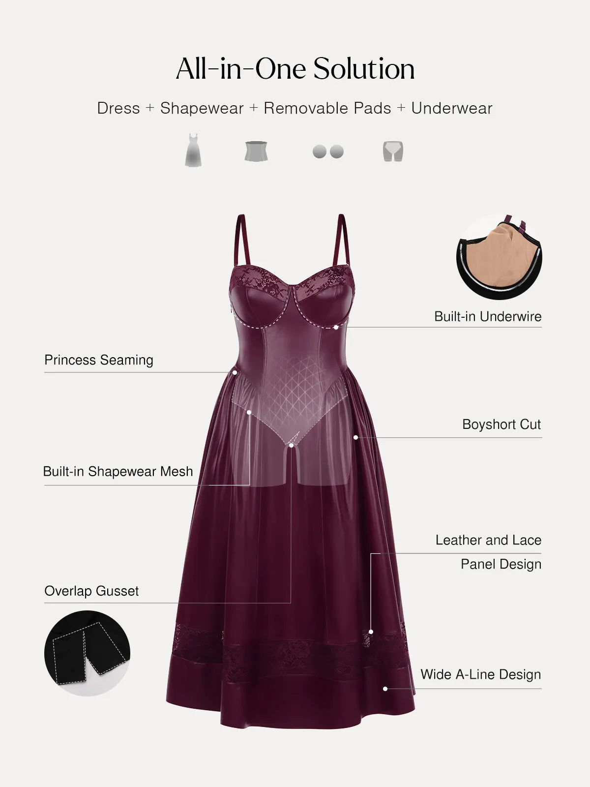 Shapewear Faux Leather Lace Panel Corset A-Line Midi Dress