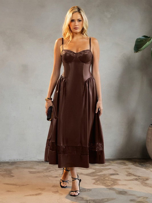 Shapewear Faux Leather Lace Panel Corset A-Line Midi Dress