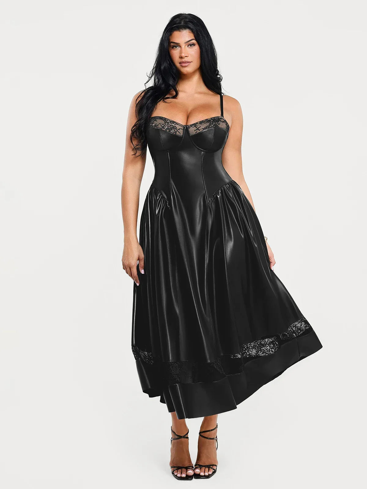 Shapewear Faux Leather Lace Panel Corset A-Line Midi Dress