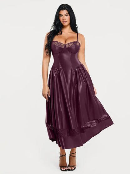 Shapewear Faux Leather Lace Panel Corset A-Line Midi Dress
