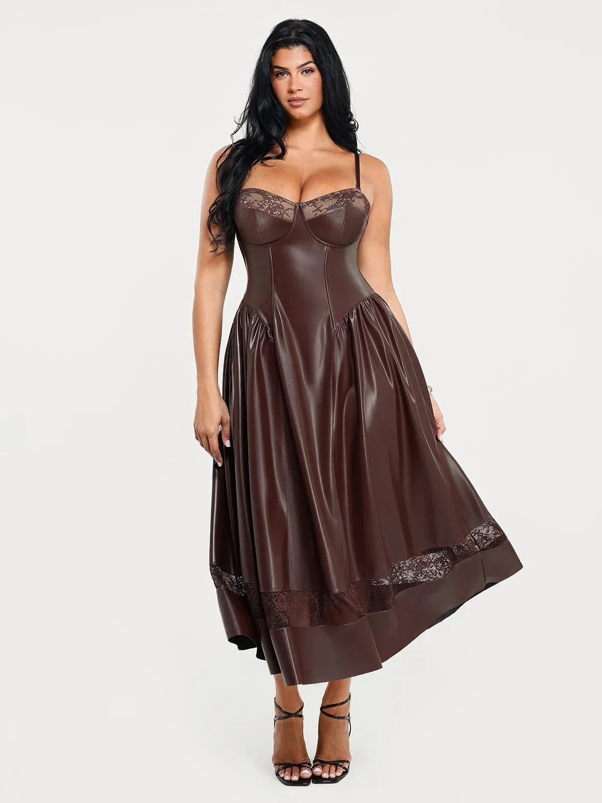 Shapewear Faux Leather Lace Panel Corset A-Line Midi Dress