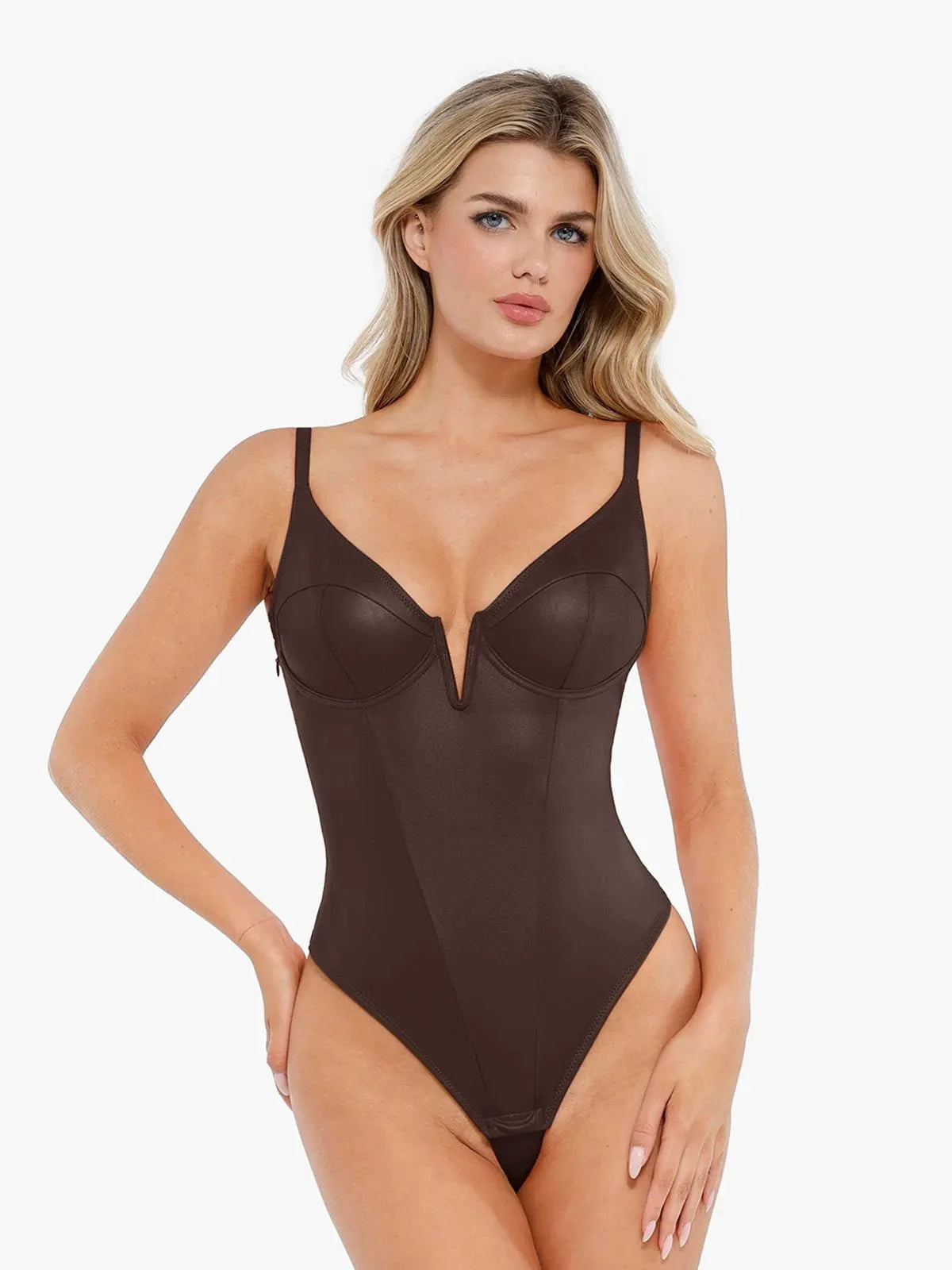 Shapewear Plunging V Faux Leather Sculpting Corset Bodysuit