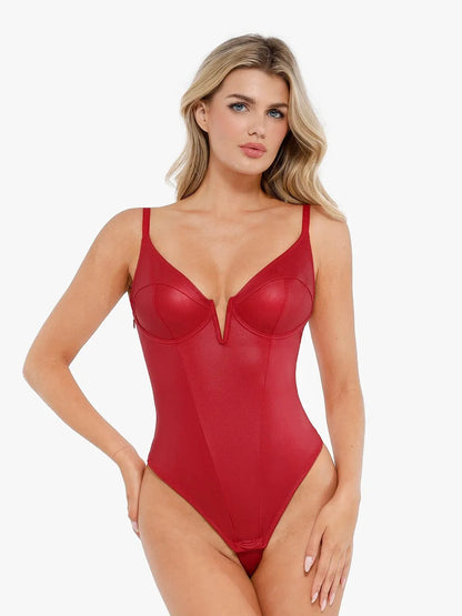 Shapewear Plunging V Faux Leather Sculpting Corset Bodysuit