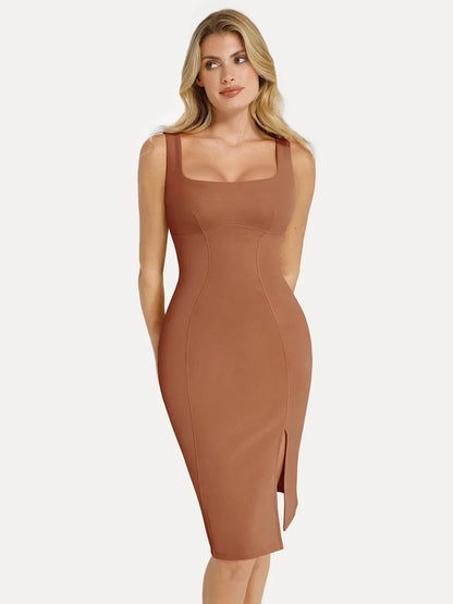Shapewear Faux Nubuck Bodycon Sculpting Slit Midi Dress