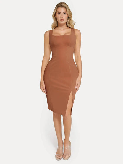 Shapewear Faux Nubuck Bodycon Sculpting Slit Midi Dress