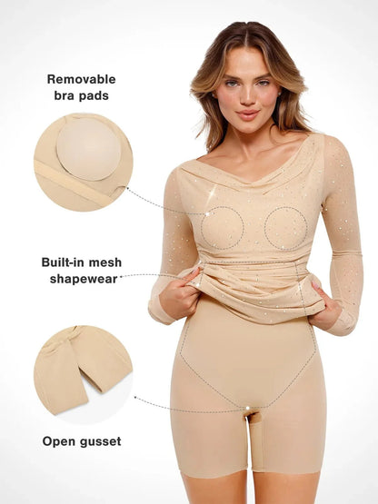 Shapewear Heat-Set Crystal Mesh Long Sleeve Slim Mini Dress