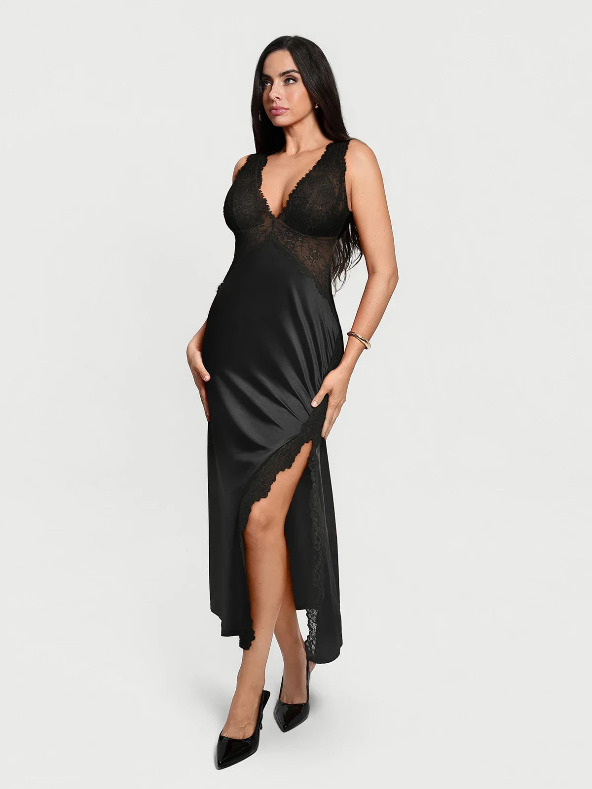 Shapewear Lace Charmeuse Deep V-Neck Tummy Control Maxi Slip Dress