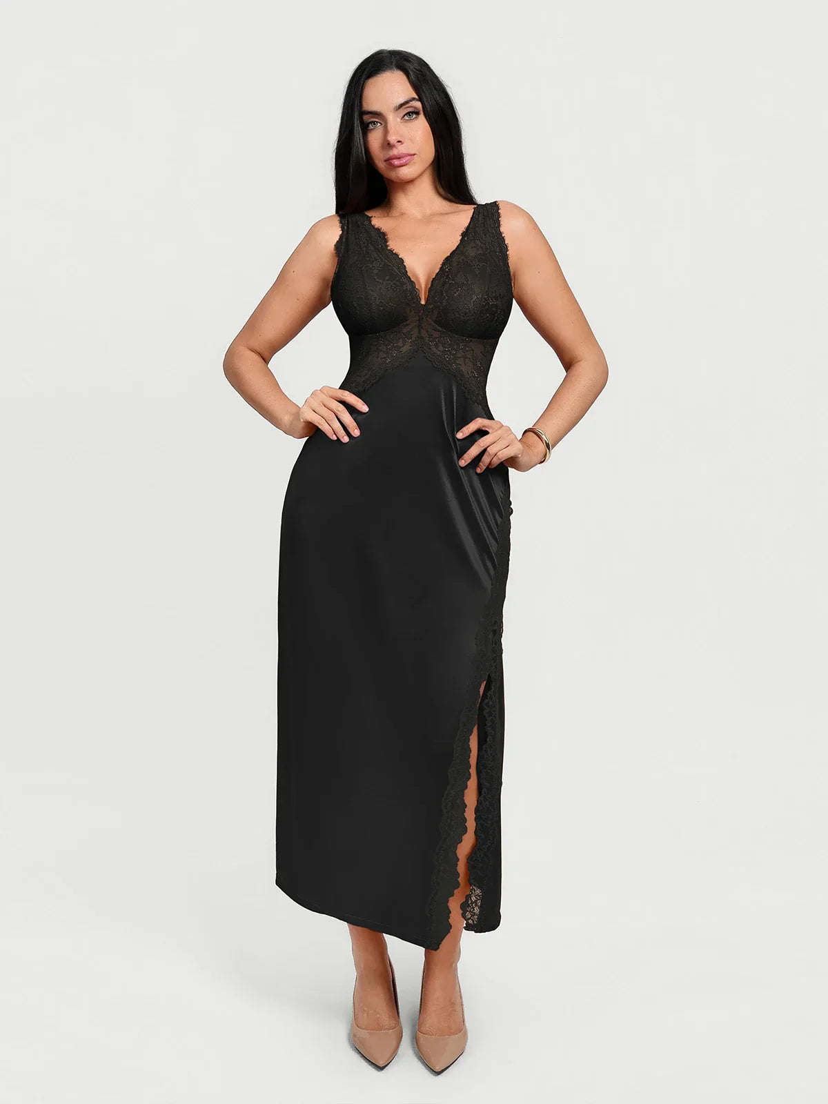 Shapewear Lace Charmeuse Deep V-Neck Tummy Control Maxi Slip Dress