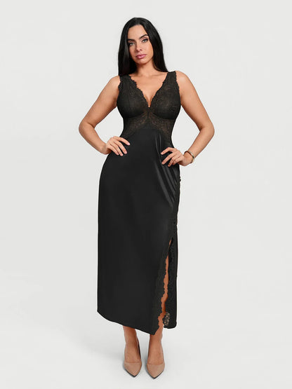 Shapewear Lace Charmeuse Deep V-Neck Tummy Control Maxi Slip Dress