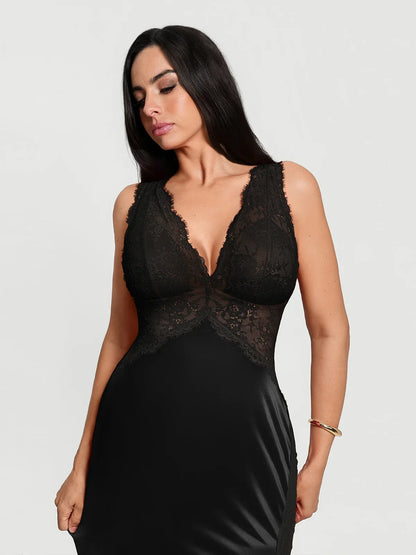 Shapewear Lace Charmeuse Deep V-Neck Tummy Control Maxi Slip Dress