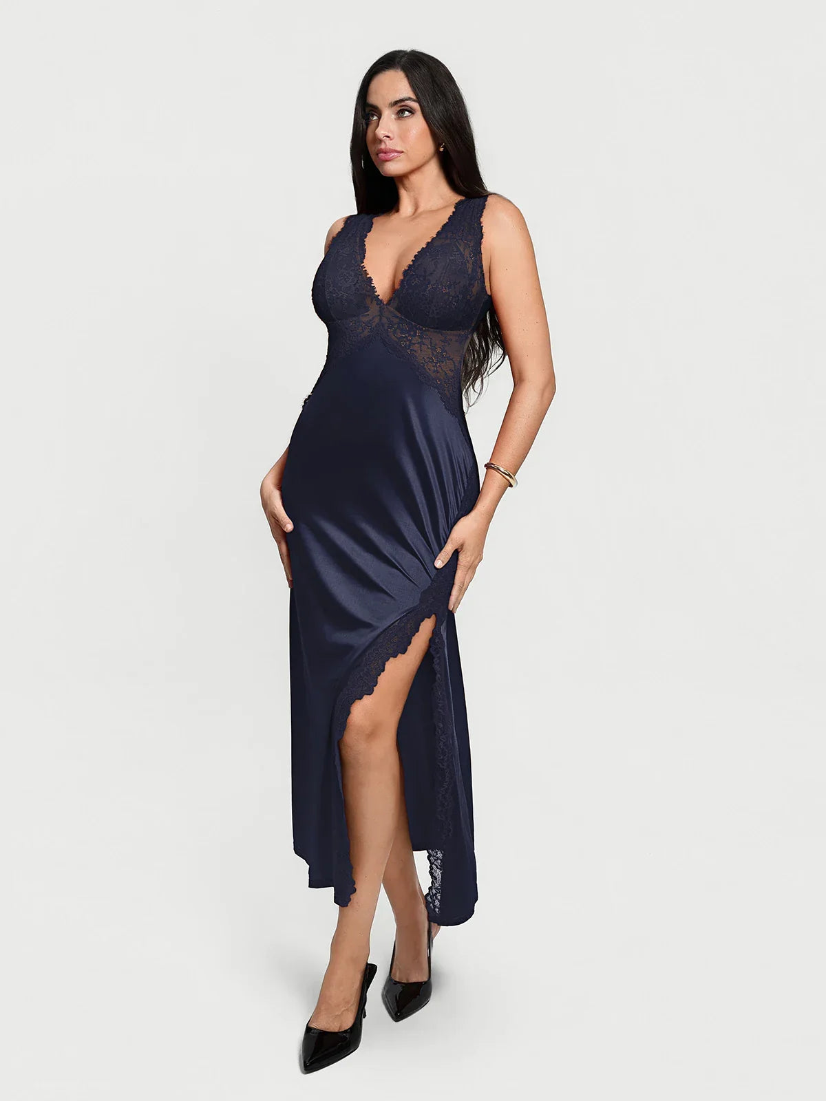 Shapewear Lace Charmeuse Deep V-Neck Tummy Control Maxi Slip Dress