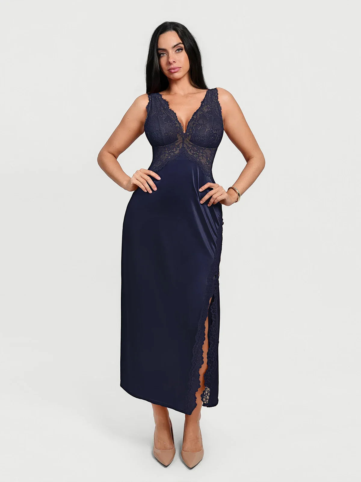 Shapewear Lace Charmeuse Deep V-Neck Tummy Control Maxi Slip Dress