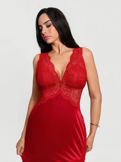 Shapewear Lace Charmeuse Deep V-Neck Tummy Control Maxi Slip Dress