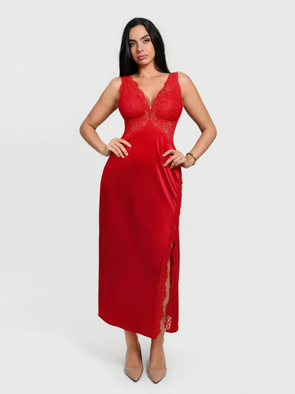 Shapewear Lace Charmeuse Deep V-Neck Tummy Control Maxi Slip Dress
