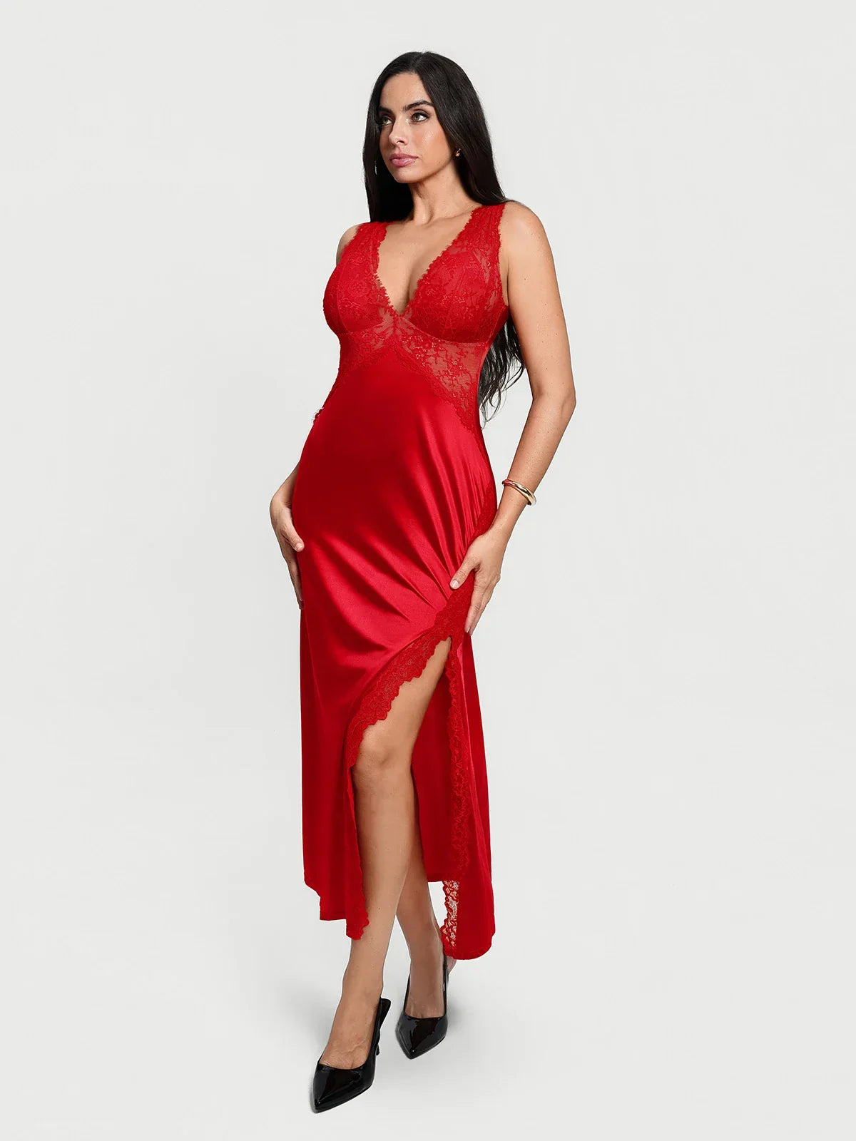 Shapewear Lace Charmeuse Deep V-Neck Tummy Control Maxi Slip Dress
