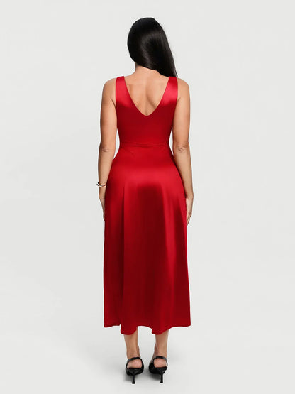 Shapewear Lace Charmeuse Deep V-Neck Tummy Control Maxi Slip Dress