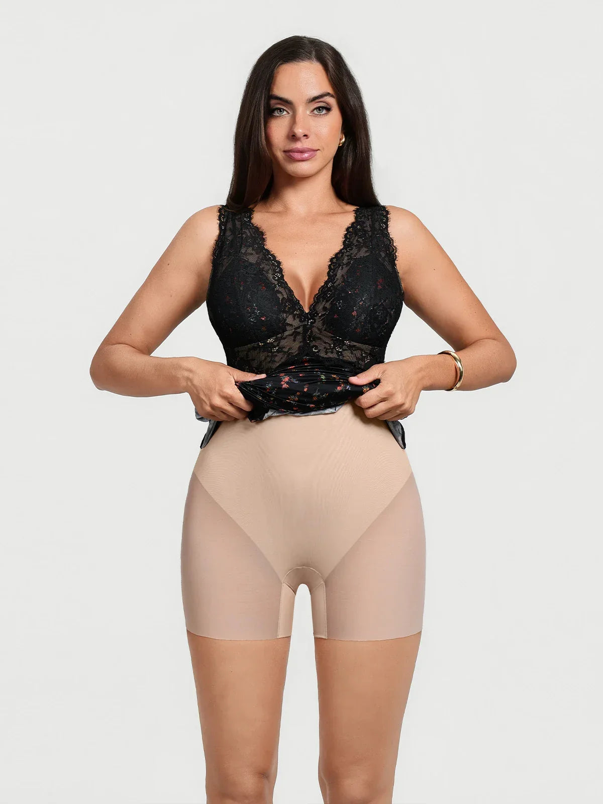 Shapewear Lace Charmeuse Deep V-Neck Tummy Control Maxi Slip Dress