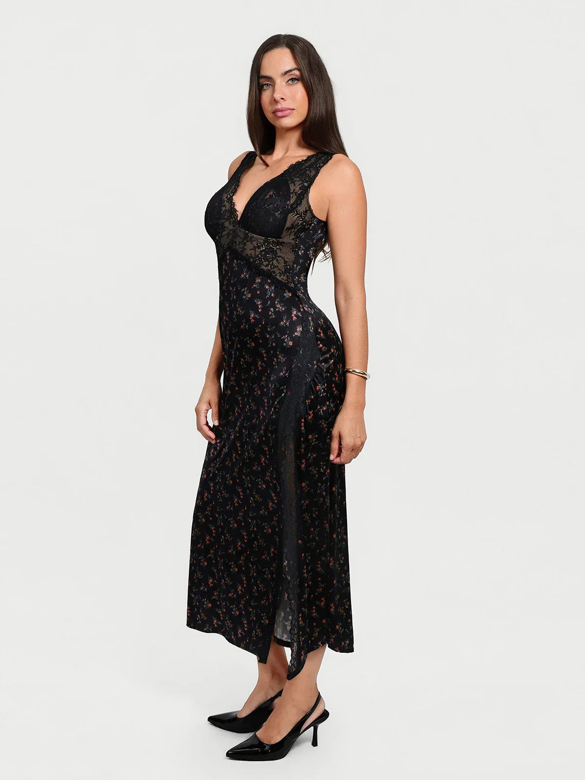 Shapewear Lace Charmeuse Deep V-Neck Tummy Control Maxi Slip Dress