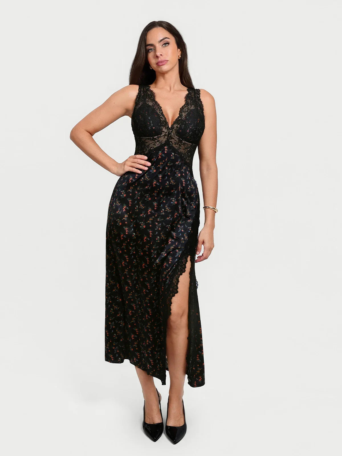Shapewear Lace Charmeuse Deep V-Neck Tummy Control Maxi Slip Dress