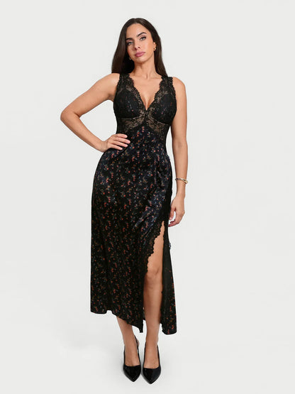 Shapewear Lace Charmeuse Deep V-Neck Tummy Control Maxi Slip Dress