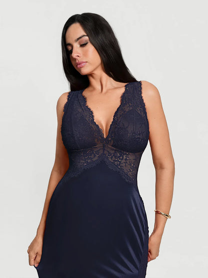 Shapewear Lace Charmeuse Deep V-Neck Tummy Control Maxi Slip Dress