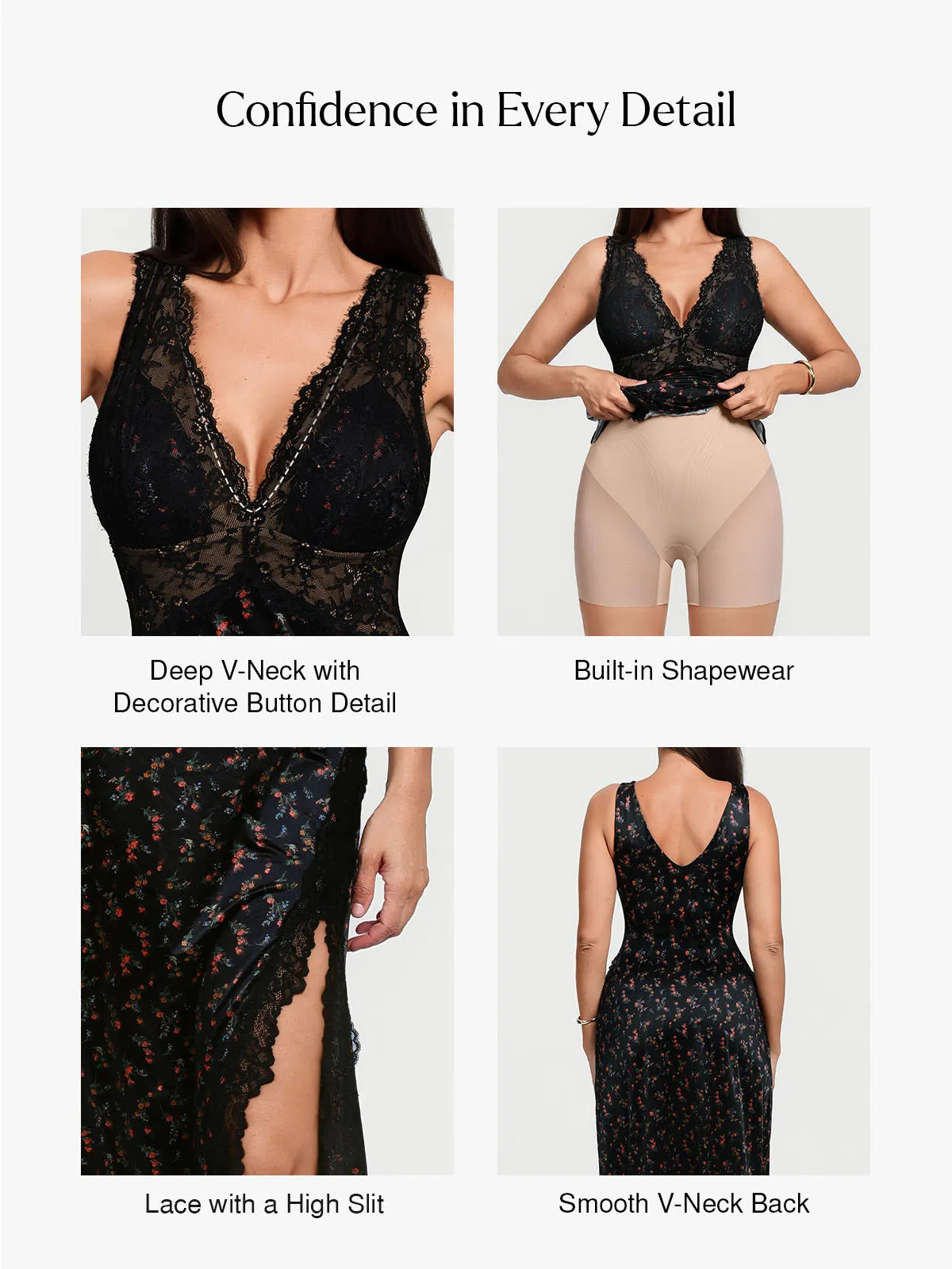 Shapewear Lace Charmeuse Deep V-Neck Tummy Control Maxi Slip Dress