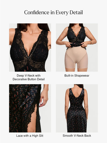 Shapewear Lace Charmeuse Deep V-Neck Tummy Control Maxi Slip Dress