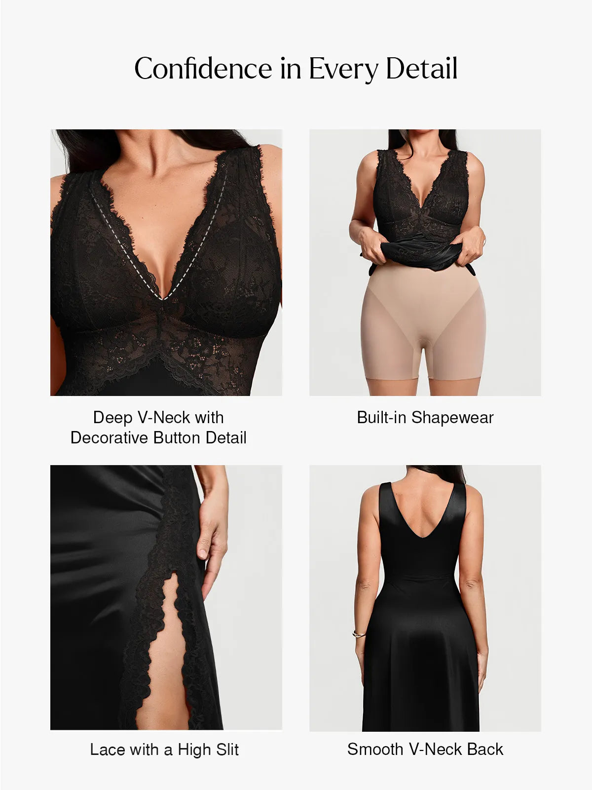 Shapewear Lace Charmeuse Deep V-Neck Tummy Control Maxi Slip Dress