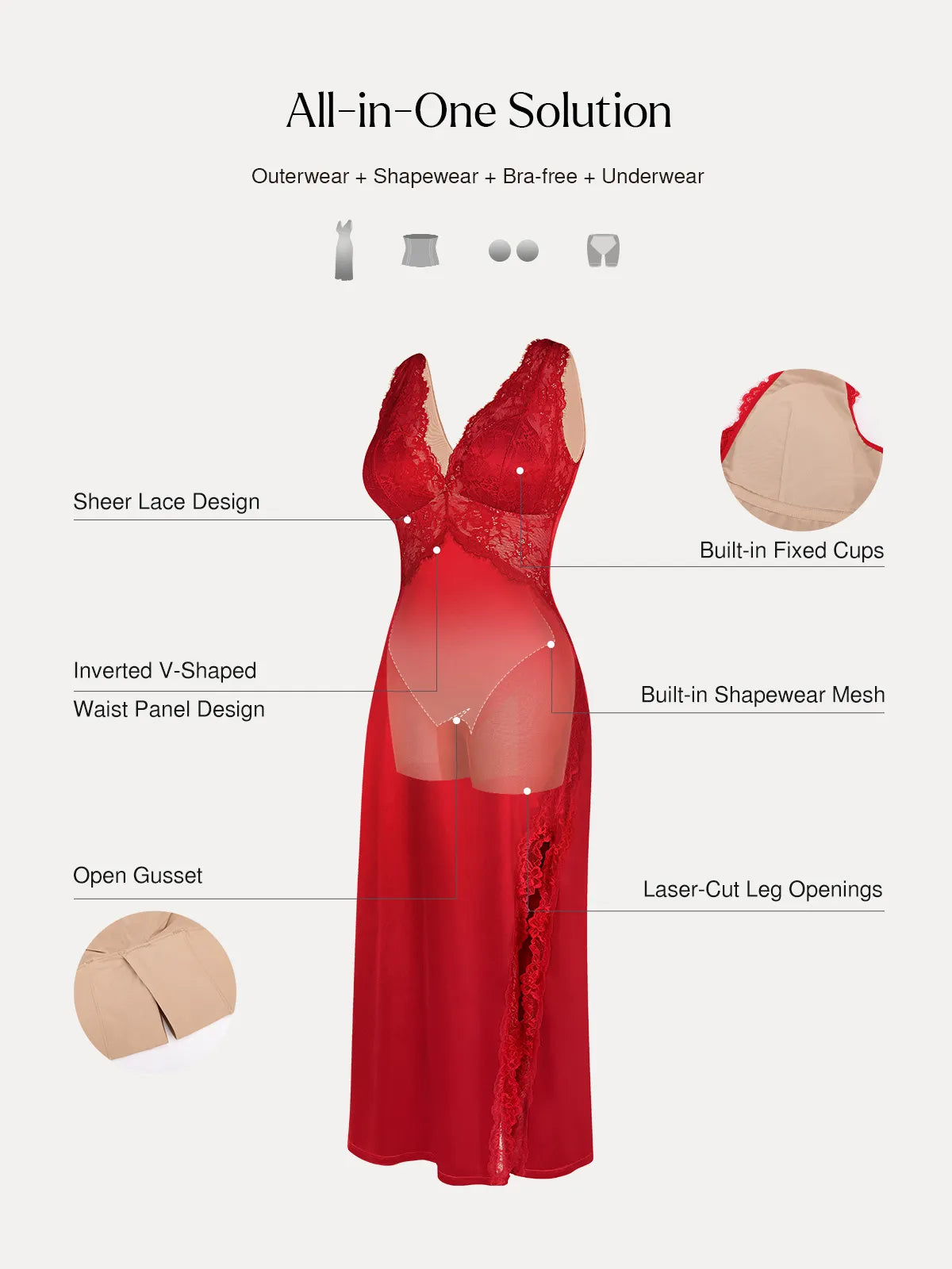 Shapewear Lace Charmeuse Deep V-Neck Tummy Control Maxi Slip Dress