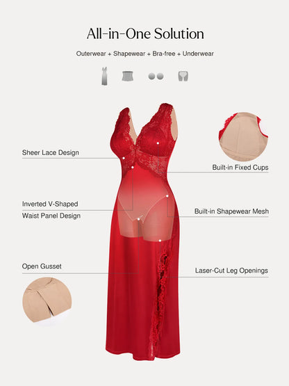 Shapewear Lace Charmeuse Deep V-Neck Tummy Control Maxi Slip Dress