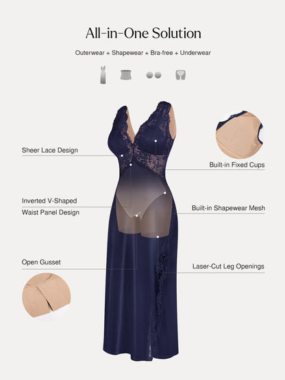 Shapewear Lace Charmeuse Deep V-Neck Tummy Control Maxi Slip Dress