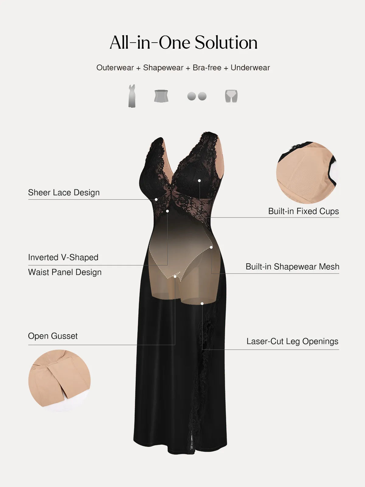 Shapewear Lace Charmeuse Deep V-Neck Tummy Control Maxi Slip Dress