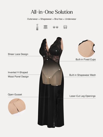 Shapewear Lace Charmeuse Deep V-Neck Tummy Control Maxi Slip Dress