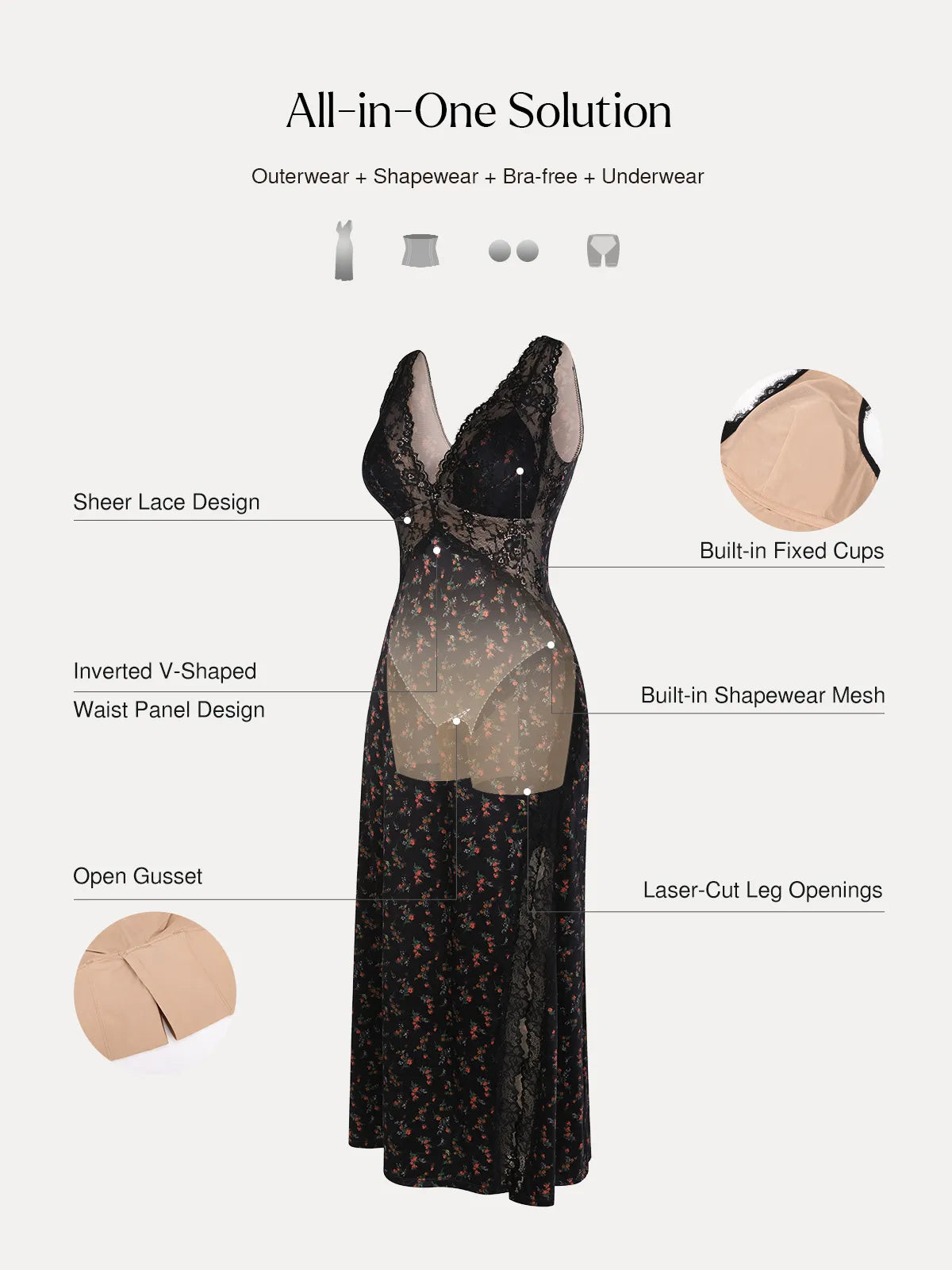 Shapewear Lace Charmeuse Deep V-Neck Tummy Control Maxi Slip Dress