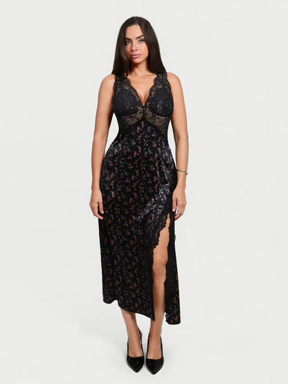 Shapewear Lace Charmeuse Deep V-Neck Tummy Control Maxi Slip Dress