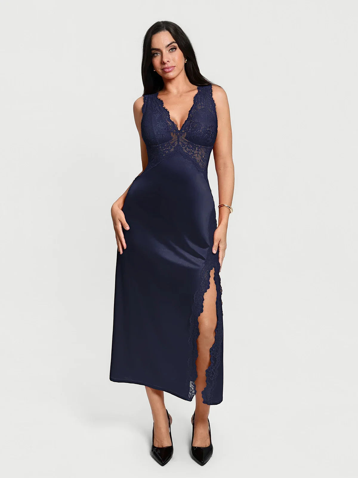 Shapewear Lace Charmeuse Deep V-Neck Tummy Control Maxi Slip Dress