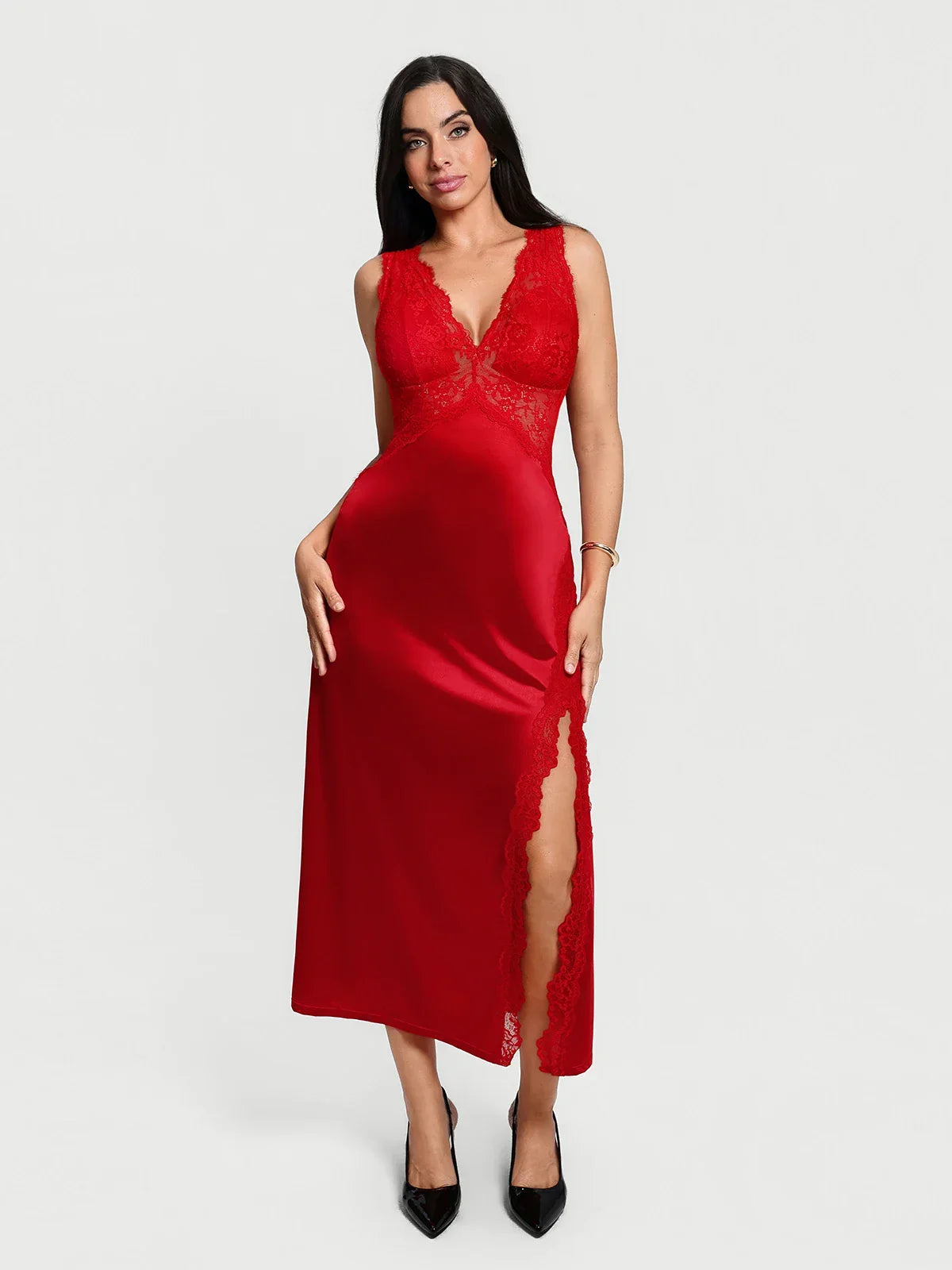 Shapewear Lace Charmeuse Deep V-Neck Tummy Control Maxi Slip Dress