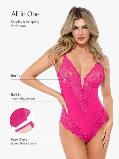 Shapewear Deep V-Neck Lace Sculpting Thong Bodysuit