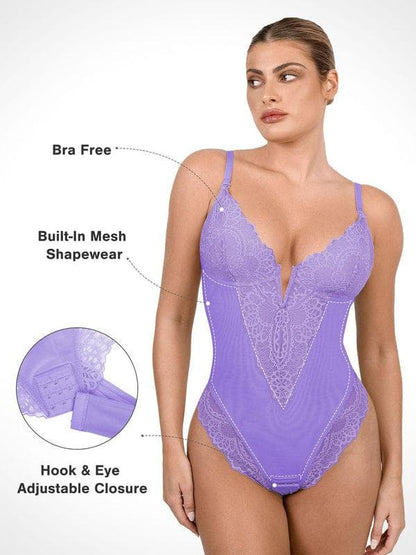 Shapewear Deep V-Neck Lace Sculpting Thong Bodysuit