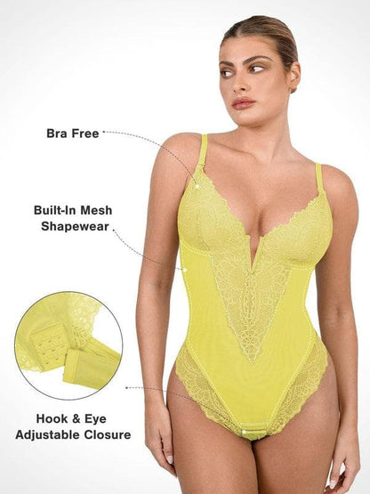 Shapewear Deep V-Neck Lace Sculpting Thong Bodysuit