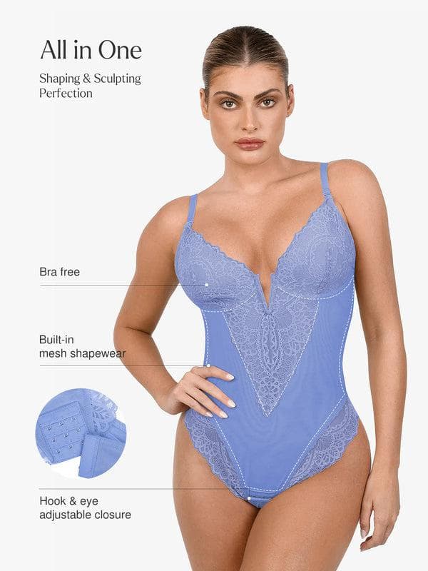 Shapewear Deep V-Neck Lace Sculpting Thong Bodysuit