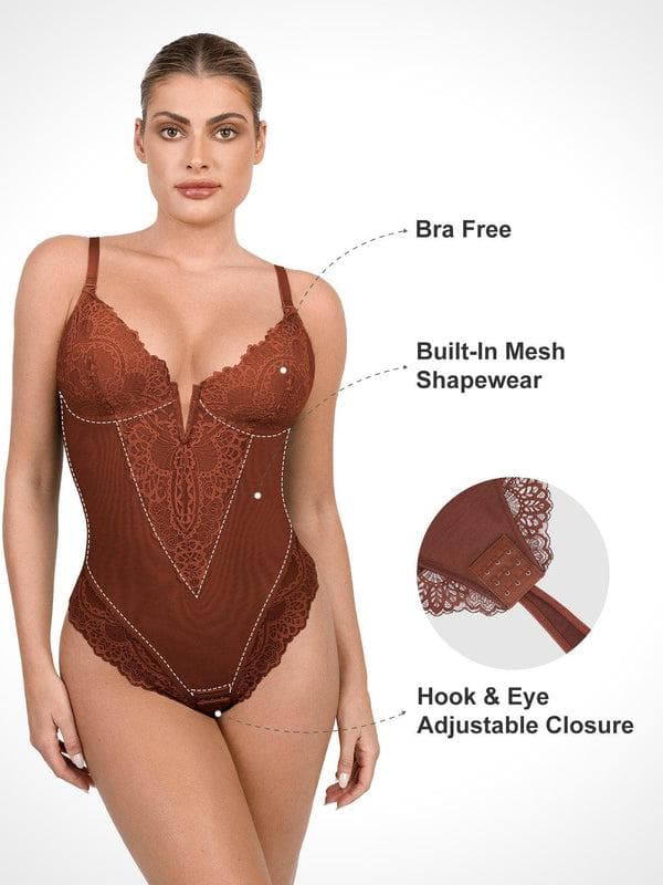 Shapewear Deep V-Neck Lace Sculpting Thong Bodysuit