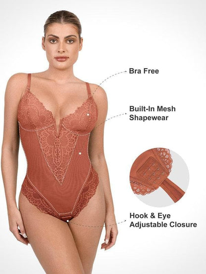 Shapewear Deep V-Neck Lace Sculpting Thong Bodysuit