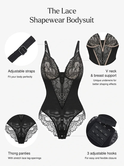 Shapewear Deep V-Neck Lace Sculpting Thong Bodysuit