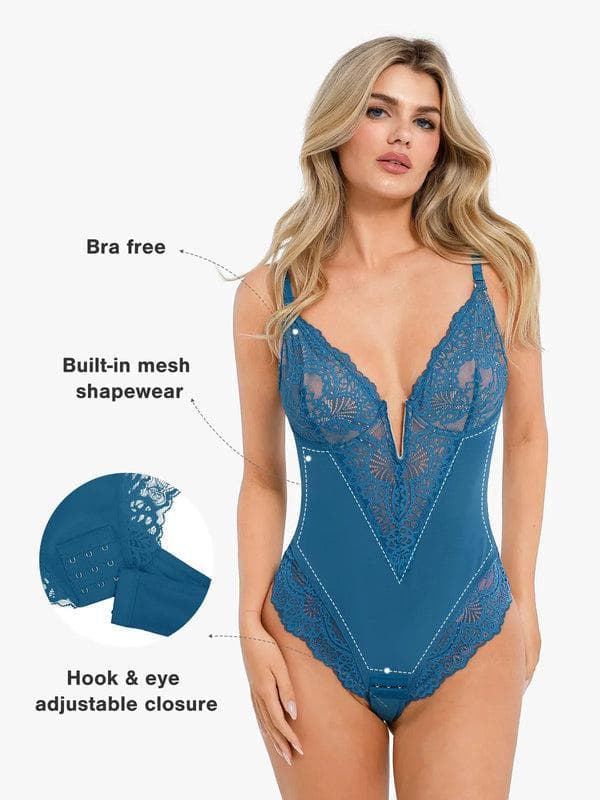 Shapewear Deep V-Neck Lace Sculpting Thong Bodysuit