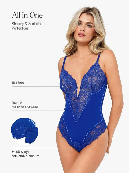 Shapewear Deep V-Neck Lace Sculpting Thong Bodysuit
